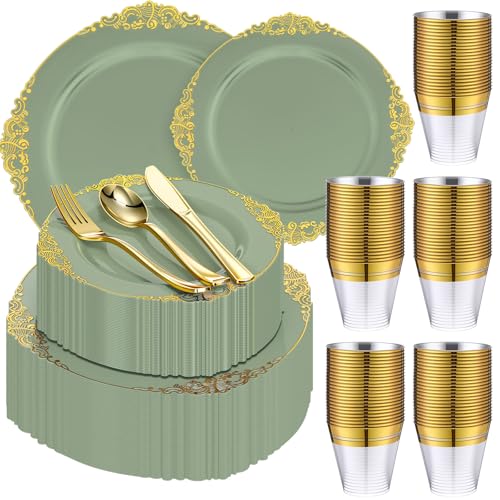 Umigy 300 Pcs Sage Green Plastic Plates Heavy Green and Gold Disposable Dinnerware, Include 50 10. 2