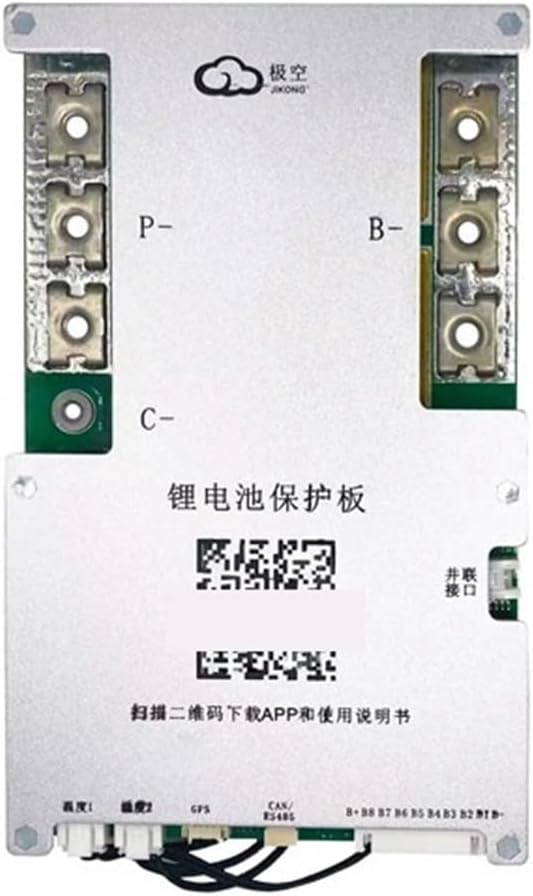 Top-down view of the JK BMS Battery Equalizer board, showing terminals labeled P-, B-, and C-, along with connection points for temperature sensors, GPS, CAN/RS485, and balance wires.