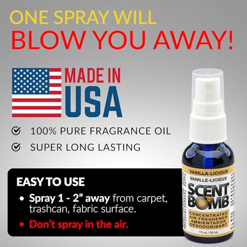 Image of Scent Bomb Air Freshener Spray, Long-Lasting Odor Eliminator - Effective Deodorizer for Home & Car, Fresh Room Spray for Kitchen, Bathroom & Smell Neutralizer - 1 oz Pack of 4, Vanilla-liscious Scent