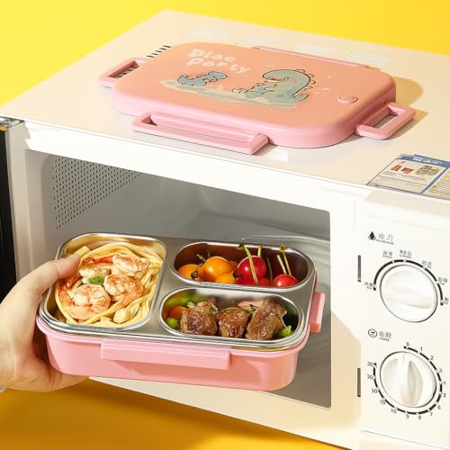 Image of QLECT Printed Dino Party Stainless Steel Lunch Box for Kids Adults, Insulation Keeps Food Warm,Food Grade Bpa Free,3 Compartments with Locking Lid & Steam Valve,Spill Leak Proof|1000Ml Pink