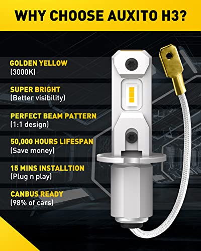 Auxito H3 Led Fog Light Bulbs 3000K Yellow, Super Penetration, 1:1 Mini Size, Plug N Play, H3Ll Led Bulb Light For Fog Lamp, Drl, High/Low Beam, Pack Of 2 #TOP6