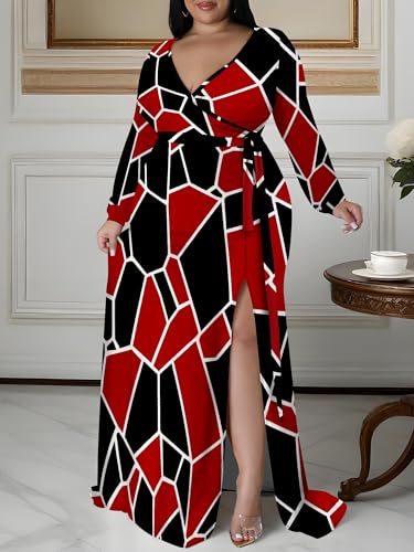 Image of PinkPatty Women's Plus Size Long Sleeve Maxi Dress Casual V Neck Slit Tie Waist Wrap Dresses for Party Cocktail