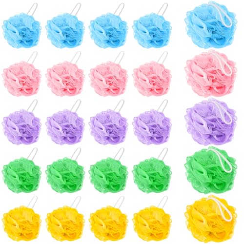 20 Pack Mini Loofah Sponge for Shower Travel Size Bath Sponges Mesh Shower Puff Bath Pouf with Hanging Loop Body Scrubber for Kids Women Men 5 Colors Bath Sponges for Shower (20g)