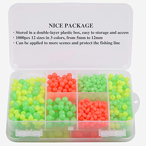 Glow Fishing Beads Saltwater Freshwater, 1000Pcs Soft Plastic Fish Beads Luminous Round Oval Egg Beads Assortment Fishing Tackle Tools For Rigs Leaders #TOP2