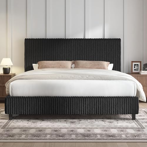 Image of AMERLIFE King Bed Frame, Upholstered Metal Platform Bed with Vertical Channel Tufted Headboard, Soft Fabric & Strong Metal Slats, Noise-Free /Easy Assembly, Black King Upholstered Bed and Headboard