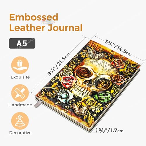 Image of Alokik 3D Skull DND Vintage Leather Journal Writing Notebook with 200 Pages A5 Journal Diary,Antique Handmade Leather Diary,Travel Diary&Notebooks to Write in,Diary Gift for Men Women