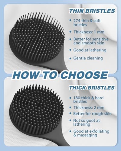 Image of KROYWEN Premium Soft Silicone Back Scrubber Shower Bath Body Brush with Long Handle Dirt Removal Back Scrubber | BPA-Free | For Men and Women (BLACK)(Pack Of 2)