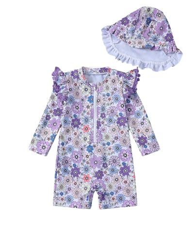 Image of Toddler Girl Swimsuit Baby Girl Bathing Suit Long Sleeve Floral Zipper One-Piece Rash Guard Swimsuit with Hat