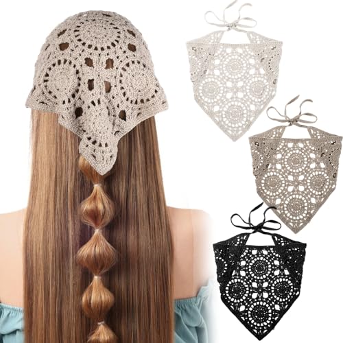 3Pcs Crochet Bandanas Headbands Hair Accessories, Triangle Crochet Head Scarf, Hollow Knitted Floral Headscarf Vintage Head Kerchief for Women Girls Decor (Black, Beige, Gray)