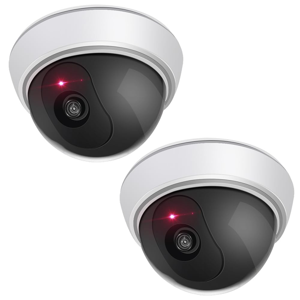 ERWEY Set di 2 finte telecamere di sicurezza con obiettivo, video sorveglianza per messa in sicurezza delle merci, telecamera falsa con luce LED rossa per parete e soffitto