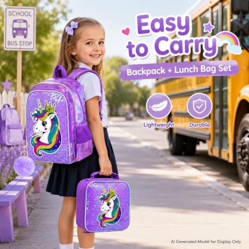 Image of CCJPX 16 inch Unicorn Backpack for Girls, 3Pcs Kids Sequin Bookbag with Lunch Box, Water Resistant Elementary School Bag for Kindergarten Preschool Toddler (Purple)