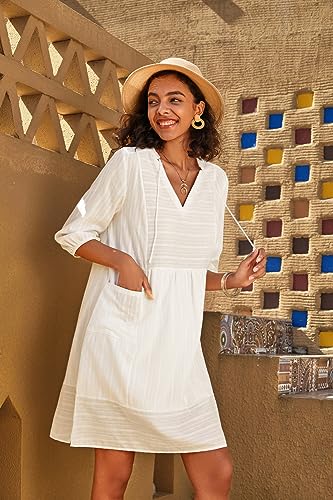 Lafural Womens V Neck Cotton Casual Loose Shift Tunic Smock Summer Dresses Vacation Dress 3/4 Sleeve Pocket White M - Image 2