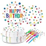 200Pcs Happy Birthday Party Decorations Colorful Polka Dots Plates and Napkins Tableware Set Rainbow Dots Party Decoration for Kids Girls Boys Baby Shower Wedding Birthday Party Supplies Serves 50