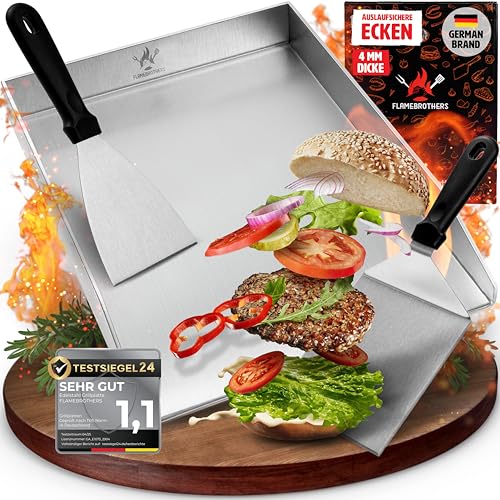 Plancha Grillplatte - All In Grillzubehör Set mit Grillspachtel & Grillschaber - 4mm rostfreier Edelstahl [40 x 30cm] - Grill Platte für Gas- & Kohlegrill - auslaufsichere Ecken für sauberen Grill