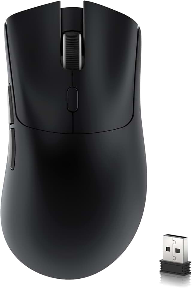 ATTACK SHARK Mouse para jogos sem fio R1, conexão de três modos (2,4G/com fio/BT5.2), 55 g leve, sensor óptico DPI 18K, HUYU vida útil de 20 milhões de chaves, design ergonômico, para