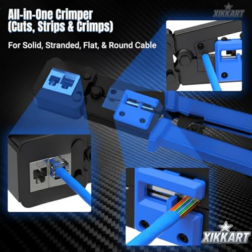 Image of XIKKART Pass-Through RJ45 Crimping Tool for CAT5 /CAT6 | Heavy-Duty Network Cable installation Crimper with Wire Stripper & Cutter | Professional Ethernet Connector Crimp Tool for Modular Plugs, (Blue)