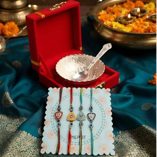 Image of Rakhi Gift Set for Brother | German Silver Bowl & Spoon | 4 Premium Raksha Bandhan Gift Hamper | Velvet Gift Box | Festive Return Gift