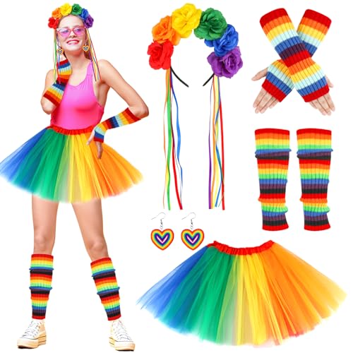Hifot Rainbow Costume for Women, Rainbow Tutu Skirt Flower Headband Socks Arm Warmer Earrings LGBTQ Gay Pride Accessories Rainbow Outfits