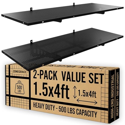 ZONEGRACE 2-Pack 1.5x4ft Garage Shelving Wall Mounted 500 Lbs Heavy Duty Wall Shelves Flat Metal Shelf Wall Mount For Garage Storage Wall With Complete Install Kit & Hooks Black