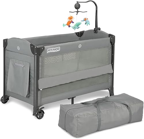 JOYMOR Cuna para bebé, empacar y jugar con moisés y bolsa de transporte, se convierte en cama de noche con ruedas para niños y niñas (gris)