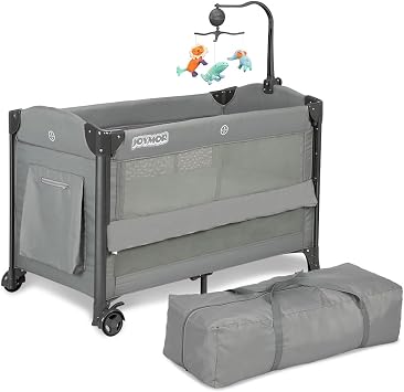 JOYMOR Baby Bassinet, Pack and Play with Bassinet and Carry Bag, Convert to Bedside Sleeper with Wheels for Boys Girls Gray