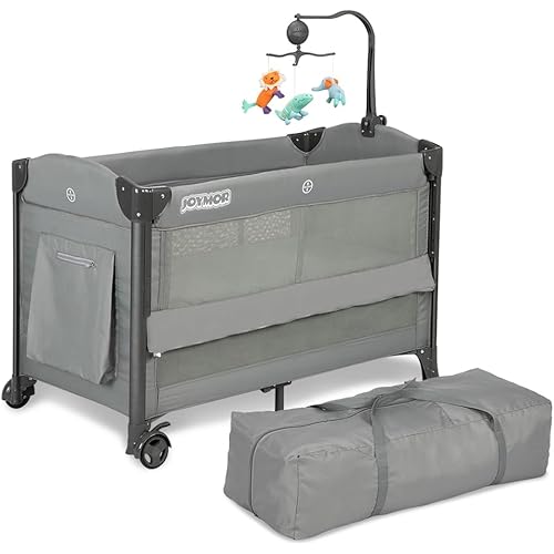 JOYMOR Baby Bassinet, Pack and Play with Bassinet and Carry Bag, Convert to Bedside Sleeper with Wheels for Boys Girls (Gray)