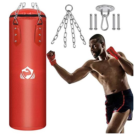 Punching Bag FILLED Set, Heavy Bag Heavy Punching Bags for Kickboxing MMA Heavy Muay Thai Training with Hanger/Ceiling Hook/Hanging Chain, Indoor/Garden Boxing Bag for Man Women Kids -35LB (Red)