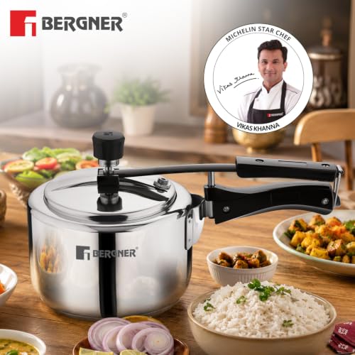 Image of Bergner Aragon Inner Lid Stainless Steel Pressure Cooker 3 Litres, Triply Bottom Design, Non-Toxic Safety Valve, Ergonomic Handle, Mirror Finish, Easy to Use and Clean - Induction and Gas Stove Ready