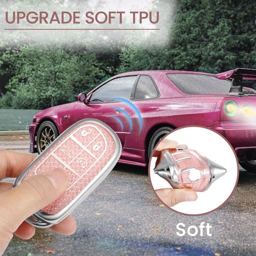 Image of Key Fob Cover for Jeep Renegade, Rhinestone Wristlet Case, Pink | Wear-resistant TPU shell, non-stretch rhinestone wristlet, daily splash, scratch and drop protection, normal signal use