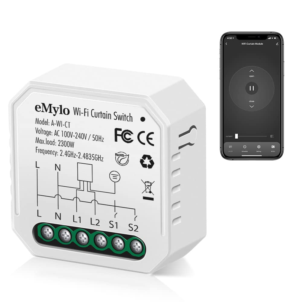 eMylo Módulo Relé WiFi Inteligente para Cortinas Mini 10A, Interruptor Encastrable AC 220V, Temporizador, Control Vocal Alexa Google Home, Compatible Tuya Smart Life