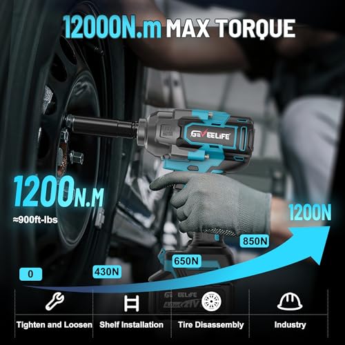 1200N.m (900Ft-lbs) Brushless Impact Wrench, 1/2" Cordless Impact Driver with 2x 4.0Ah Battery, Fast Charger & 5 Sockets, High Torque, Electric Impact Gun for Car/Truck/RV/Mower - Image 4
