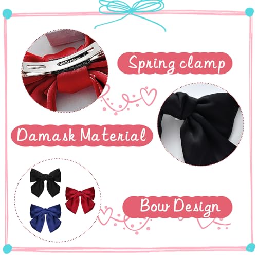 GWAWG 3PCS Bow Hair Clip,Hair Bows Barrettes Solid Color,Soft Satin Silky Hair Bows for Women Girls(Black, Red, and Blue) - Image 3