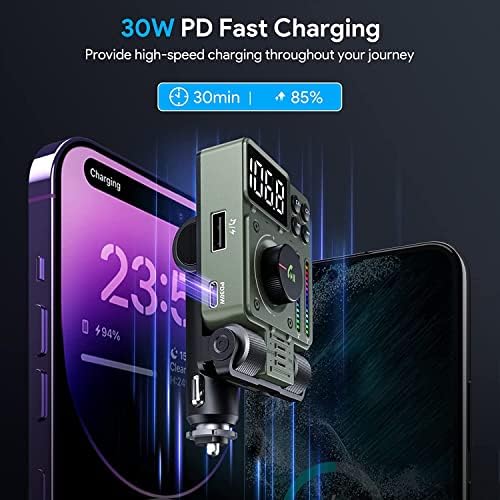 LENCENT Samochodowy nadajnik FM Bluetooth 5.3, adapter samochodowy z nadajnikiem Bluetooth, obsługuje ładowarkę samochodową PD30W do szybkiego ładowania zapalniczki samochodowej, zestaw głośnomówiący, Siri