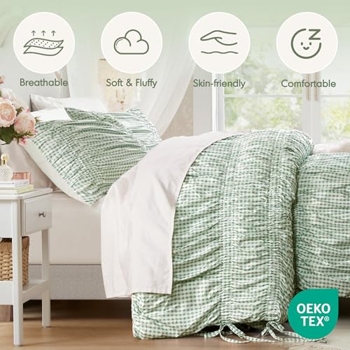 Image of Intelligent Design Ruched Shabby Chic Green Queen Comforter Set, 3pc | Girls Bedding Set, French Country, All Season Down Alternative, Cozy, Machine Washable, Lightweight, Breathable