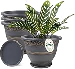 Usocik 4 Pack 16 Inch Large Plant Pots, Plastic Flower Pot for Indoor & Outdoor with Drainage Holes & Saucer, Plaid Pattern Planters Garden Pots for Herbs | Copper plaid PP pots with drainage holes and saucers for large plants porch patio garden and