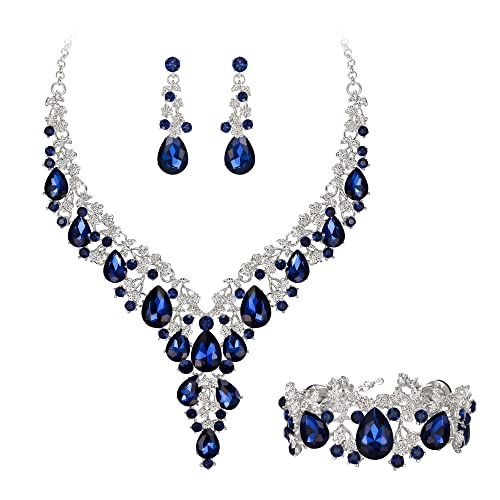 Clearine Parure Bijoux Mariage Femme Autrichien Cristal Fleur Collier Boucles d'oreilles et Bracelet Ensemble de pour Bal Bleu Encre Ton d'argent