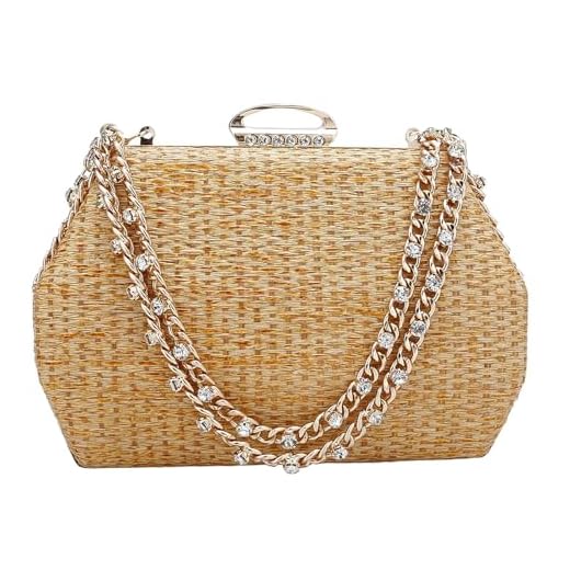 Comeon Bolsa clutch de palha feminina para noite com alça de strass tecida à mão bolsa de praia de verão bolsa formal para festa, Dourado