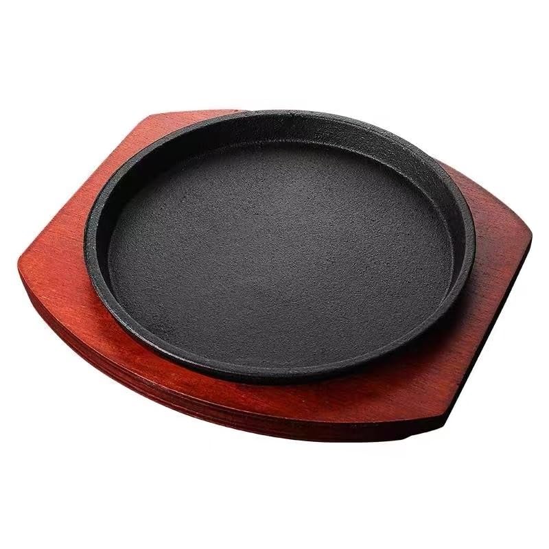 Plaque à steak en fonte avec base en bois pour barbecue et cuisine