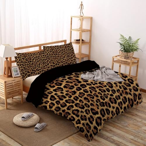 Parure de lit motif léopard 240x260cm anti-plis en microfibre douce avec zip pour couette lourde