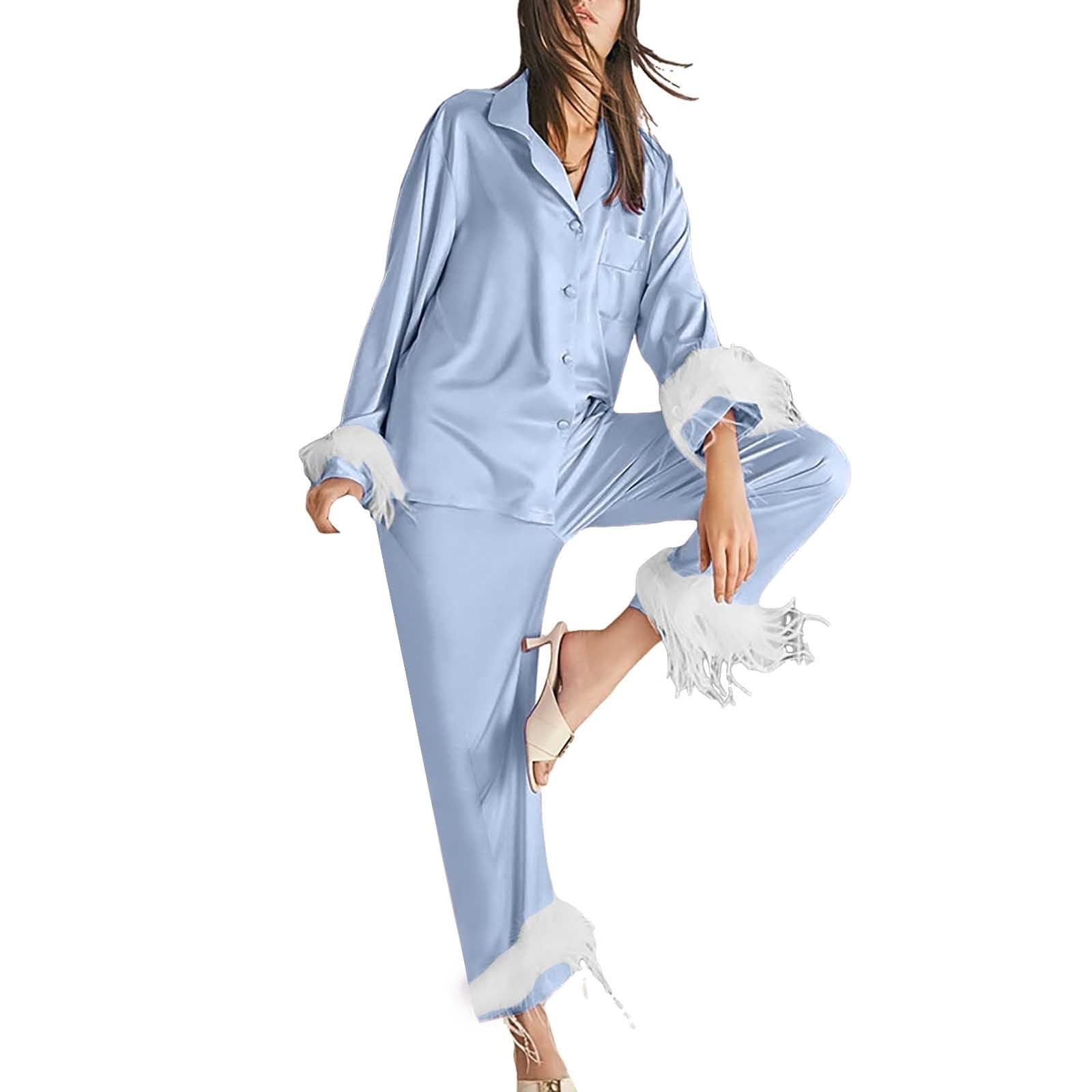 Conjunto de pijama de satén para mujer, parte superior con botones frontales, mangas largas, pantalones a juego, ribete de plumas, suave, ligero, comodidad nocturna para dormir, descansar en casa