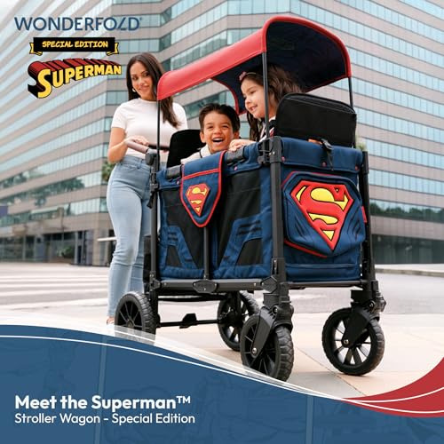 Image of WONDERFOLD W2 Luxe Pro Special Edition Superman Stroller Wagon (2 Seater) - Collapsible Wagon Stroller with Seats with 5-Point Harnesses, Easy Access Zipper Door, and Removable Sun Canopy