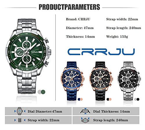 Image of CRRJU Men's Fashion Luxury Stainless Steel Watches for Men Business Auto Date Chronograph Analog Quartz Wristwatches