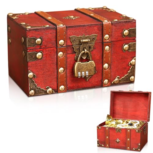 WANDGU Coffre au trésor vintage avec serrure à combinaison : petit coffre au trésor de pirate, boîte à bijoux avec couvercle coffre au trésor anniversaire d'enfant, tirelire avec serrure, cadeau fait