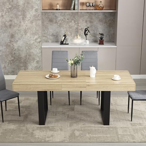 STHOUYN 63"-79" Extendable Dining Room Table, Modern Farmhouse Wooden Kitchen, Long Expandable for 6 8 10, Large Expanding Conference (Rustic Oak) - Image 5