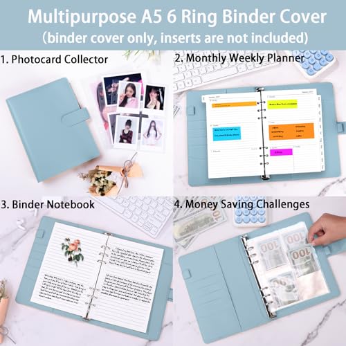 Image of Antner A5 Notebook Binder with 6-Ring Pockets, PU Leather Refillable Personal Organizer, Magnetic Buckle Closure, Airy Blue