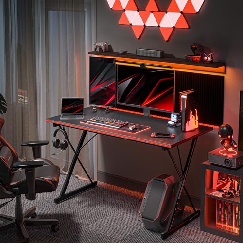 Gaming Tisch 100 x 50 cm, Gaming Schreibtisch, PC Tisch mit Kopfhörerhaken und Kohlefaserbeschichtung, Ergonomischer Computertisch, Metallgestell, Kohlefaser Schwarz – Bild 3