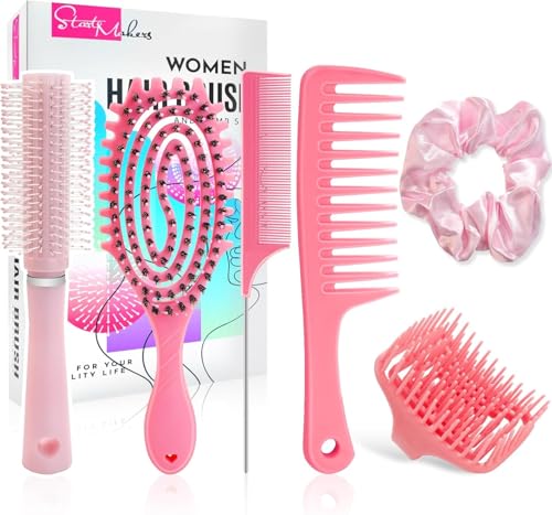 START MAKERS 6Pcs Hair Brush Set for Women Girls, Curl Defining Boar Bristle Detangling Hairbrush, Round Brush, Wide-Tooth Comb, Rat Tail Comb, Scalp Shampoo Brush for Curly Wet Dry Hair (Pink)