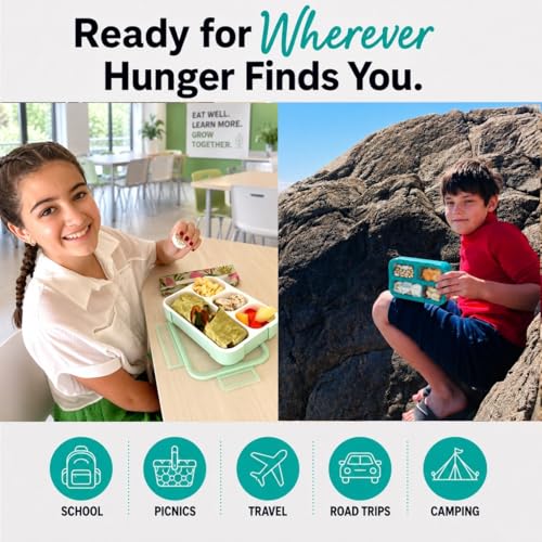 Image of kinsho Bento Lunch Box And Snack Container Set For Kids And Adults - Large 4 & Small 3 Divided Food Compartments - Portion Control Meal Prep - Reusable for School Work Travel - 2 Pack Green Blue Set