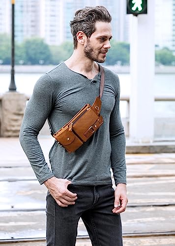 Niucunzh Cowhide Waist Fanny Pack-Genuine Leather And Slim With Adjustable Waistband Brown #TOP6