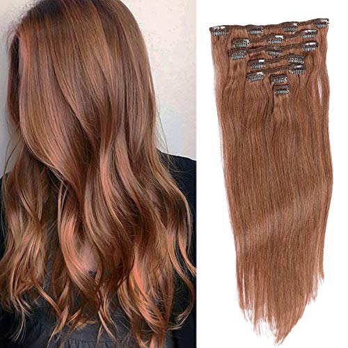 Clip in Hair Extensions Medium Auburn Real Human Hair Extensions Clips on 70grams 7pcs Straight Double Weft Remy Clip in Extensions for Women 15 Inch 2-3 Sets for Full Head